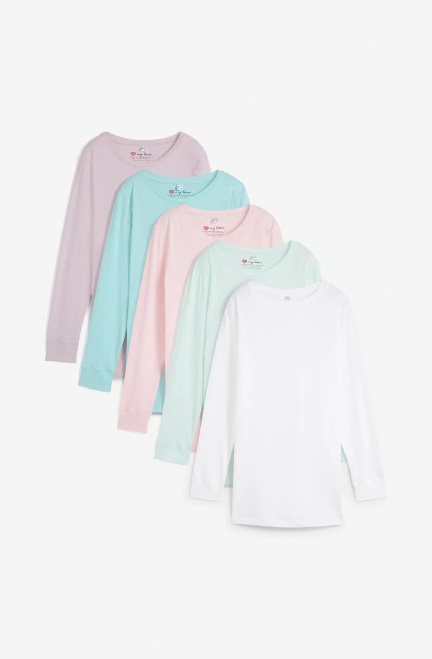 bonprix bonprix Básicos|Camisetas>Camiseta larga con cuello redondo, manga larga (5 unidades) Rosa claro/menta pastel/agua mate/morado/blanco