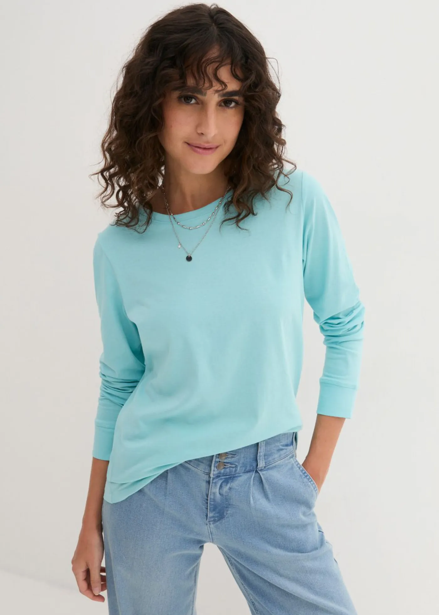 bonprix bonprix Básicos|Camisetas>Camiseta larga con cuello redondo, manga larga (5 unidades) Rosa claro/menta pastel/agua mate/morado/blanco