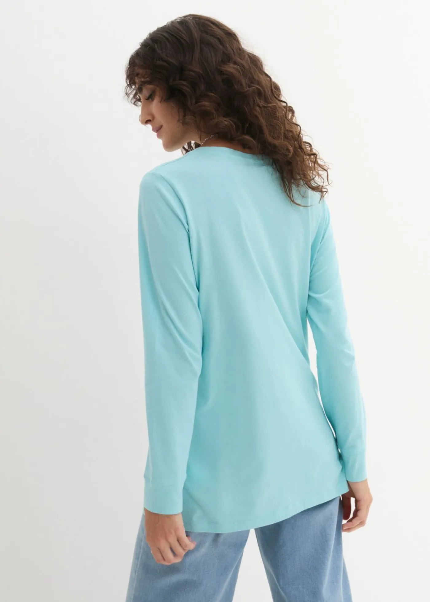 bonprix bonprix Básicos|Camisetas>Camiseta larga con cuello redondo, manga larga (5 unidades) Rosa claro/menta pastel/agua mate/morado/blanco