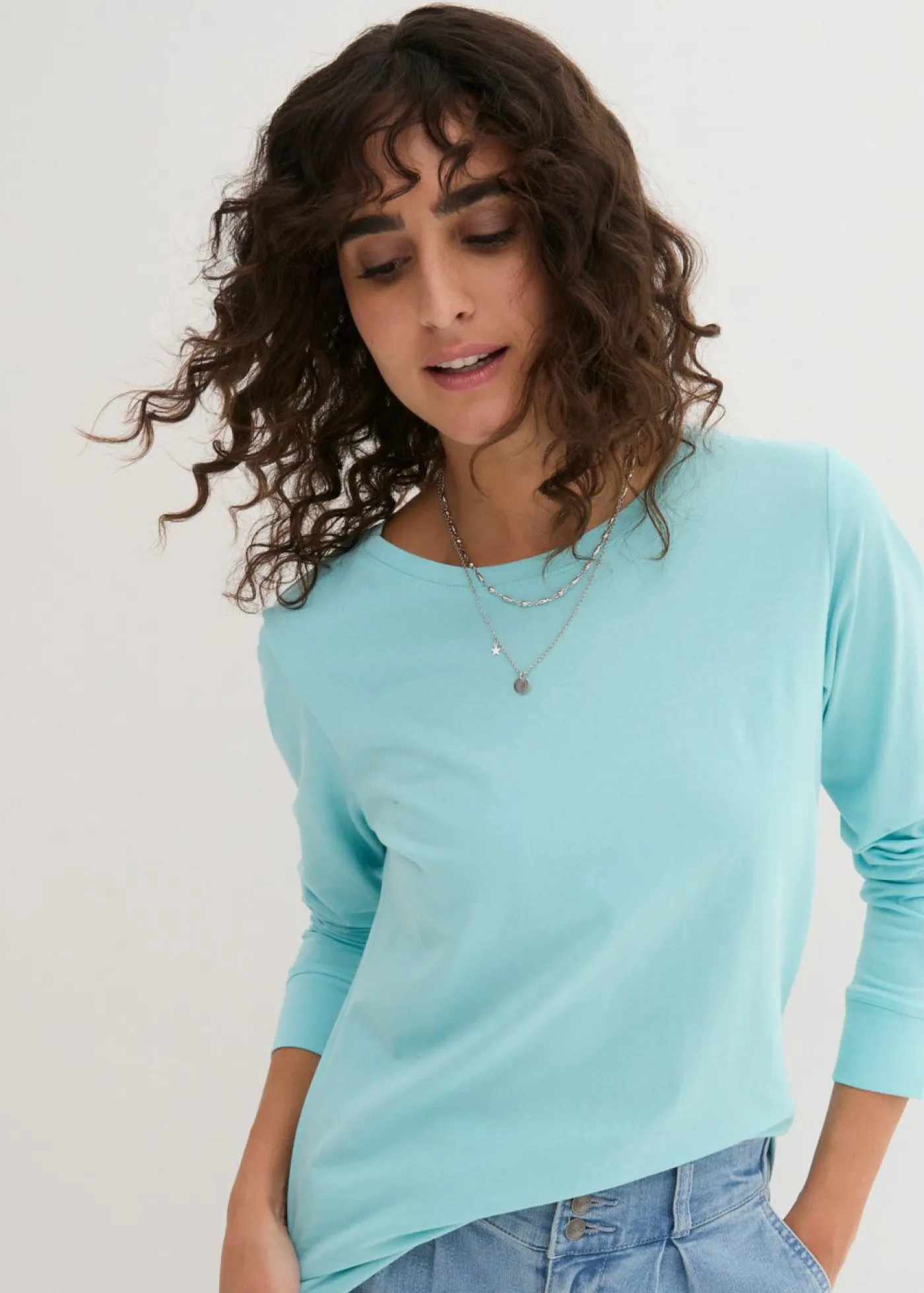 bonprix bonprix Básicos|Camisetas>Camiseta larga con cuello redondo, manga larga (5 unidades) Rosa claro/menta pastel/agua mate/morado/blanco