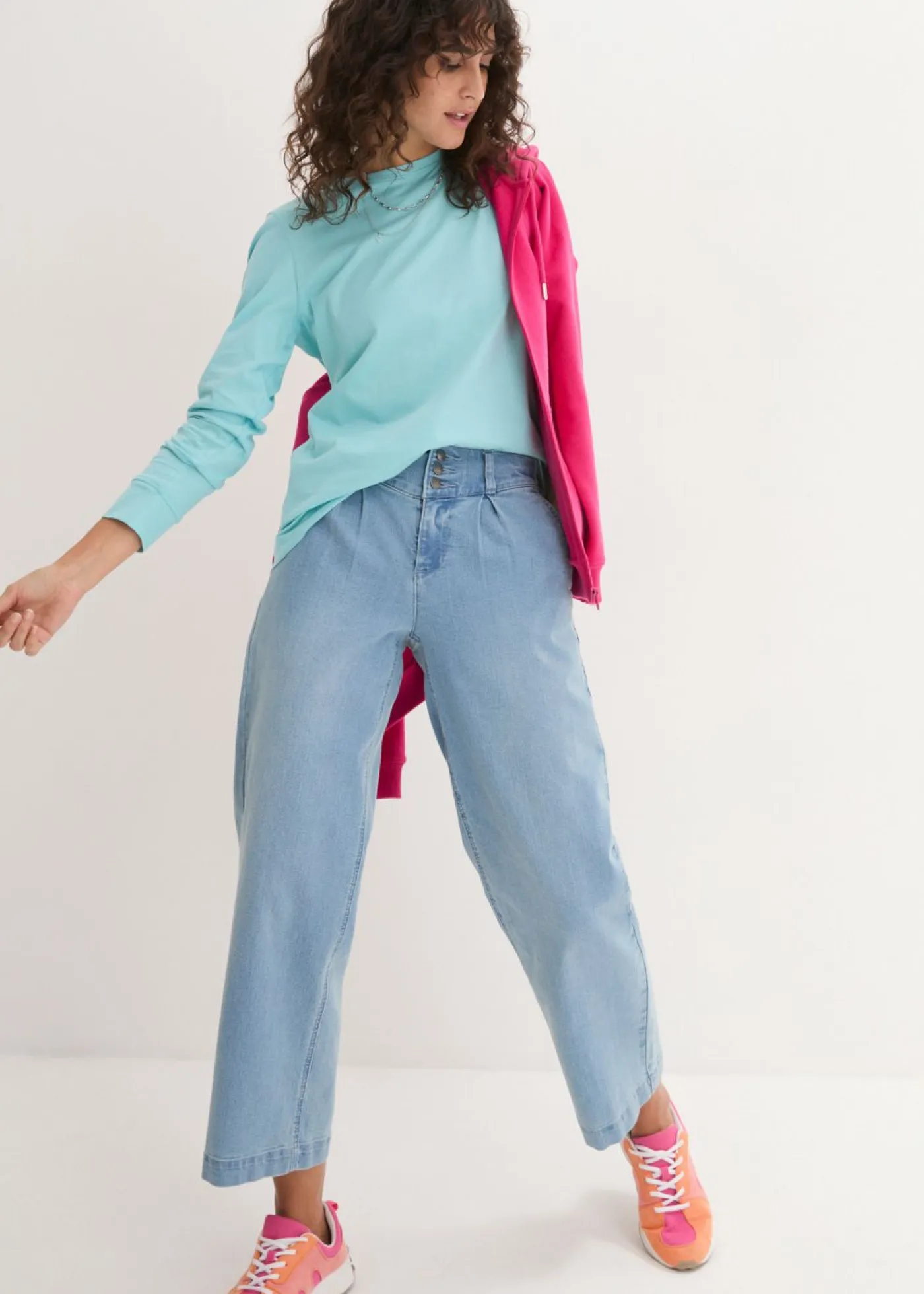 bonprix bonprix Básicos|Camisetas>Camiseta larga con cuello redondo, manga larga (5 unidades) Rosa claro/menta pastel/agua mate/morado/blanco