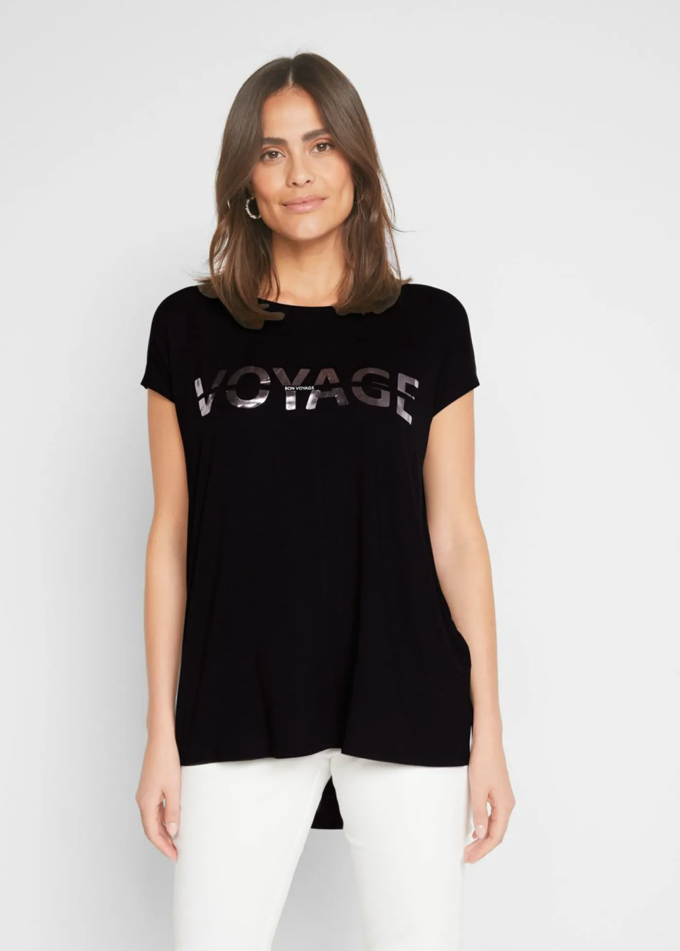 bonprix bonprix Camisetas>Camiseta larga de mezcla de viscosa Negro-plata estampado