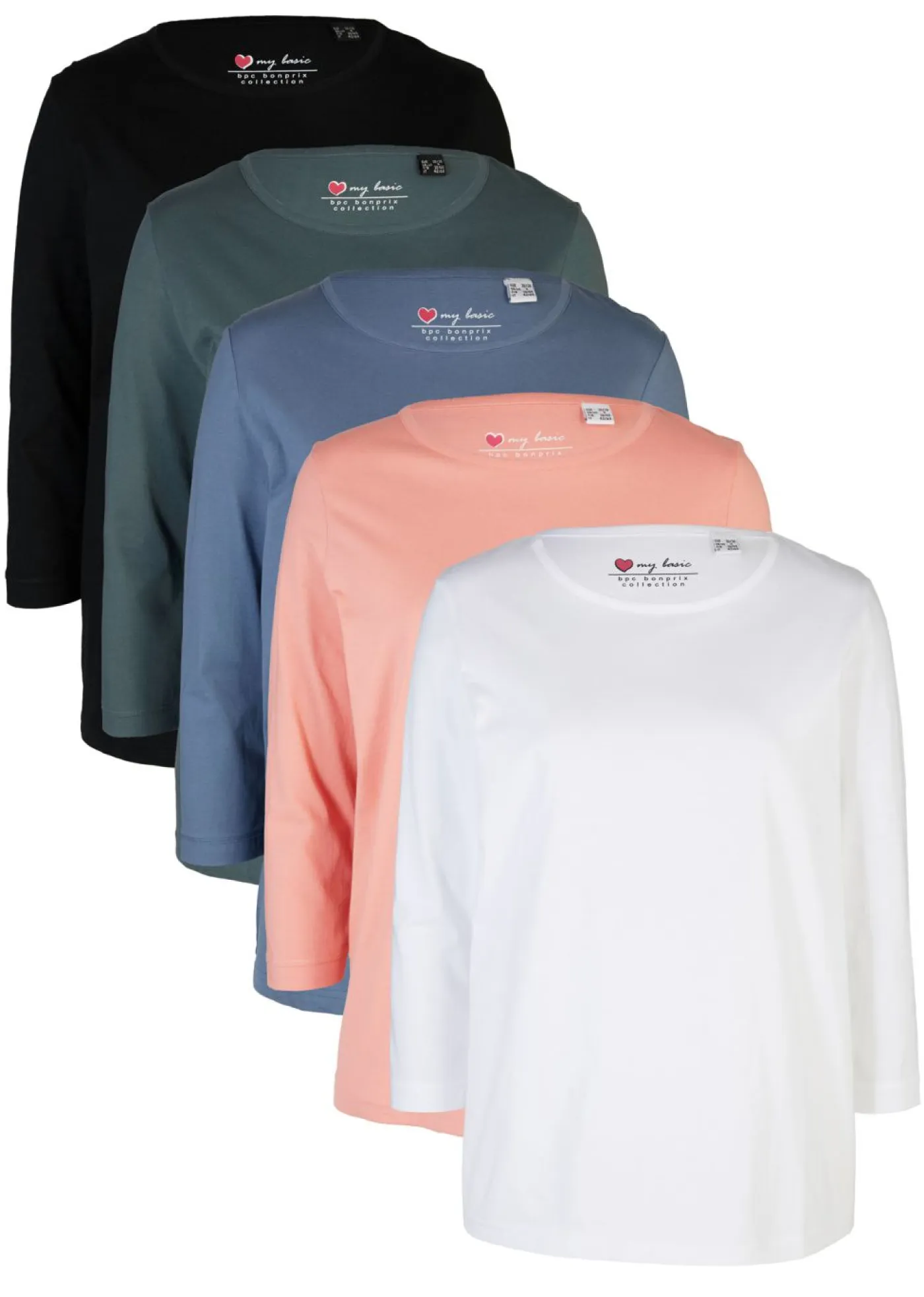 bonprix bonprix Básicos|Camisetas>Camiseta larga (5 unidades) verde eucalipto+melocotón+azul ahumado+blanco+negro