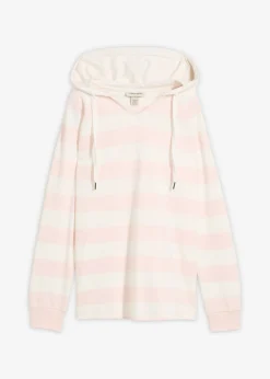 bonprix bonprix Básicos|Camisetas>Camiseta ligera de algodón puro con capucha rosa claro-blanco lana con rayas