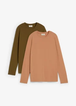 bonprix bonprix Básicos|Camisetas>Camiseta slim fit con algodón orgánico puro (2 unidades) Batido de chocolate/verde oliva