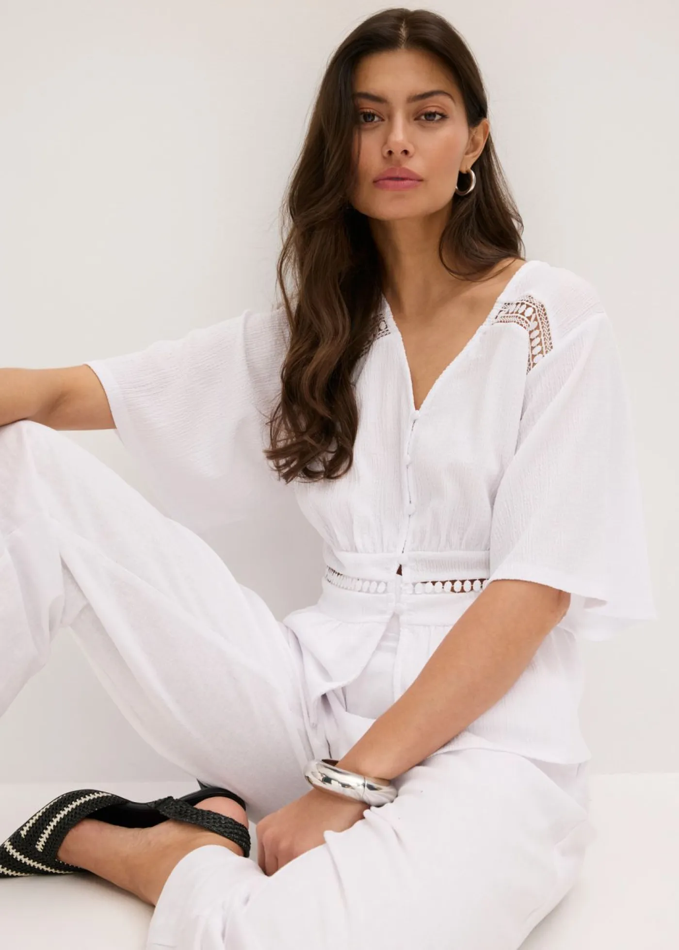 bonprix bonprix Camisetas>Camiseta tipo túnica con encaje Blanco