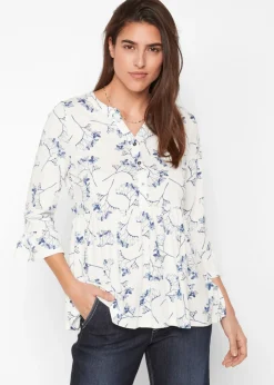 bonprix bonprix Camisas Y Blusas>Camiseta tipo túnica con mangas 3/4 Blanco lana de flores