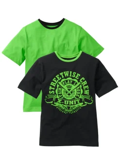 bonprix bonprix Ropa 9 A 16 Años·Camisetas|Ropa 9 A 16 Años·Packs De Ropa>Camiseta (2 unidades) de algodón puro negro+verde brillante