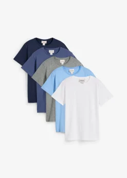 bonprix bonprix Ropa 9 A 16 Años·Camisetas>Camiseta (5 unidades) de algodón puro azul marino+blanco+azul provenzal+gris jaspeado+índigo