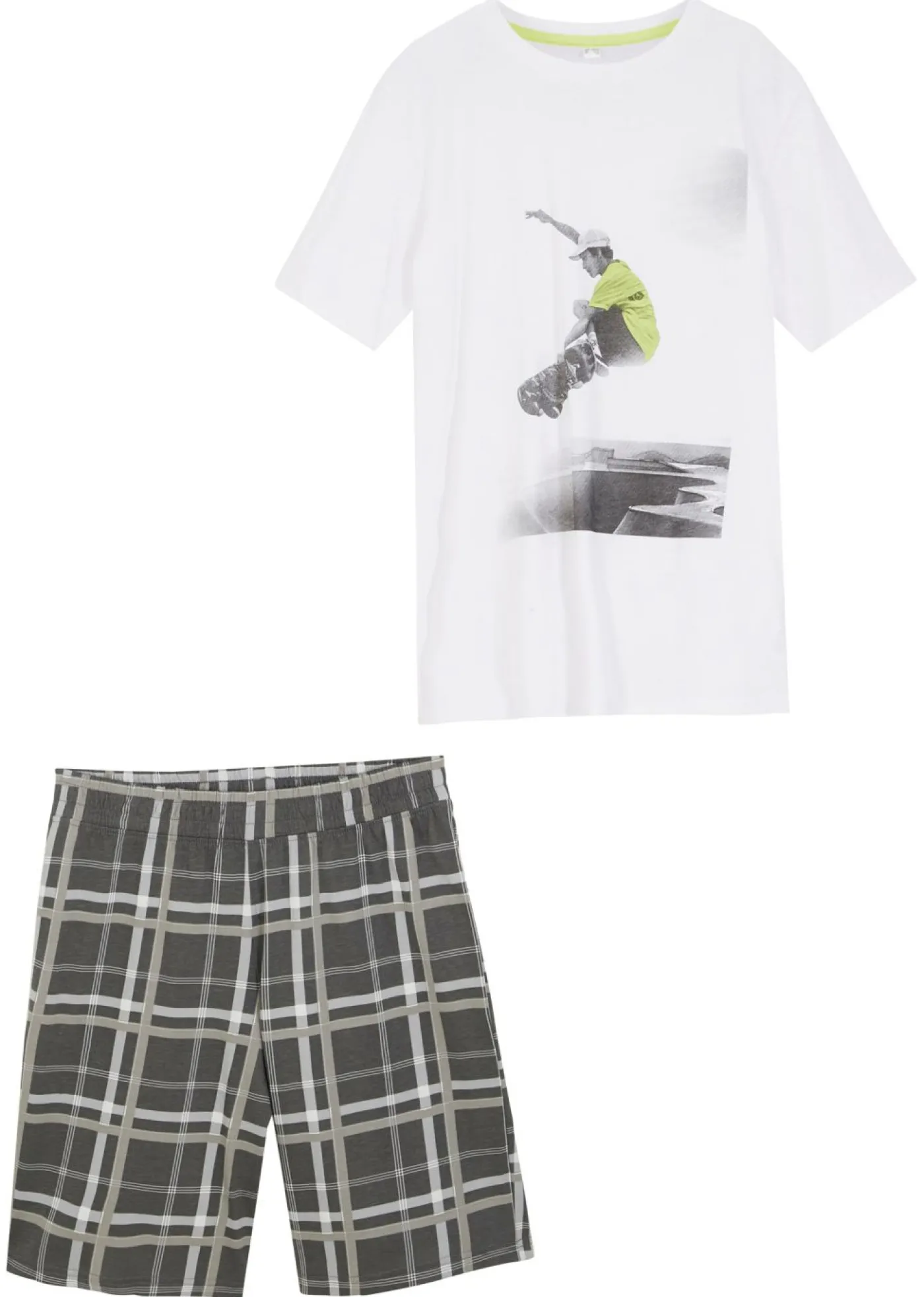 bonprix bonprix Ropa 9 A 16 Años·Camisetas|Ropa 9 A 16 Años·Shorts>Camiseta y pantalón corto (conjunto de 2 piezas) de algodón orgánico blanco + gris plata estampado