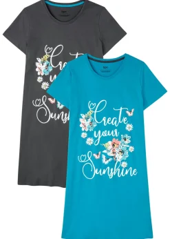 bonprix bonprix Ropa Para Dormir>Camisón corto de algodón puro (2 unidades) Pizarra/turquesa oscuro estampado
