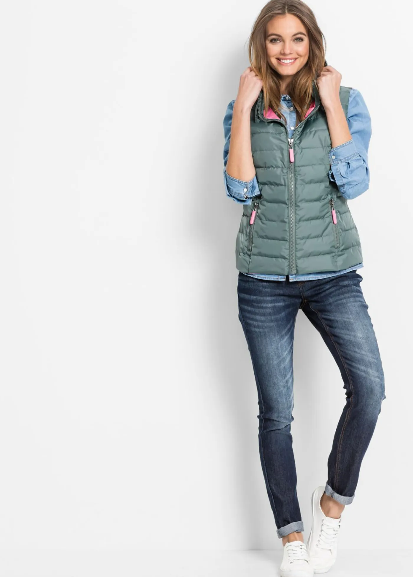 bonprix bonprix Chaquetas Y Abrigos>Chaleco acolchado con capucha Verde eucalipto-rosa