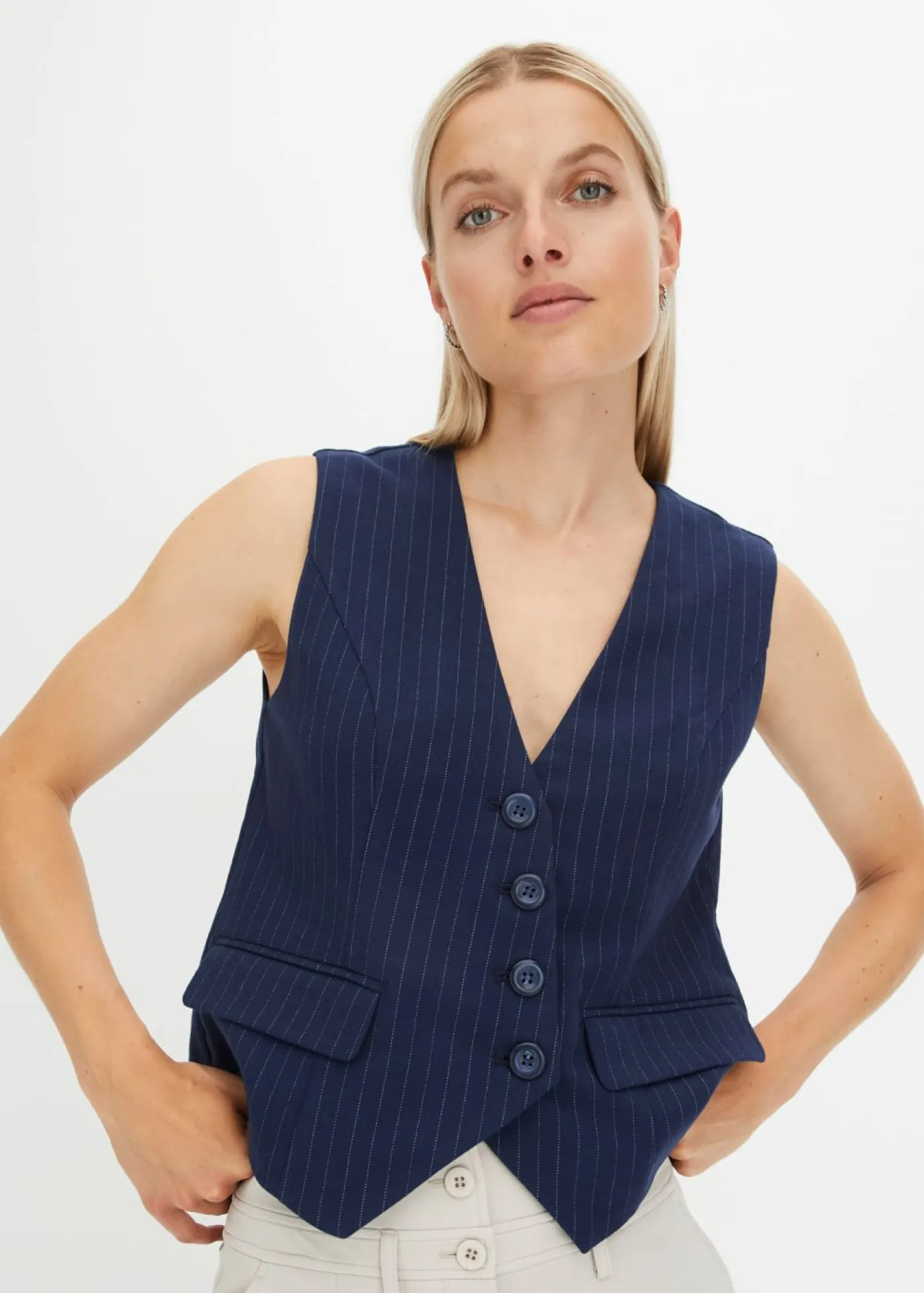 bonprix bonprix Chaquetas Y Abrigos>Chaleco de traje de mezcla de viscosa azul marino rayas verticales