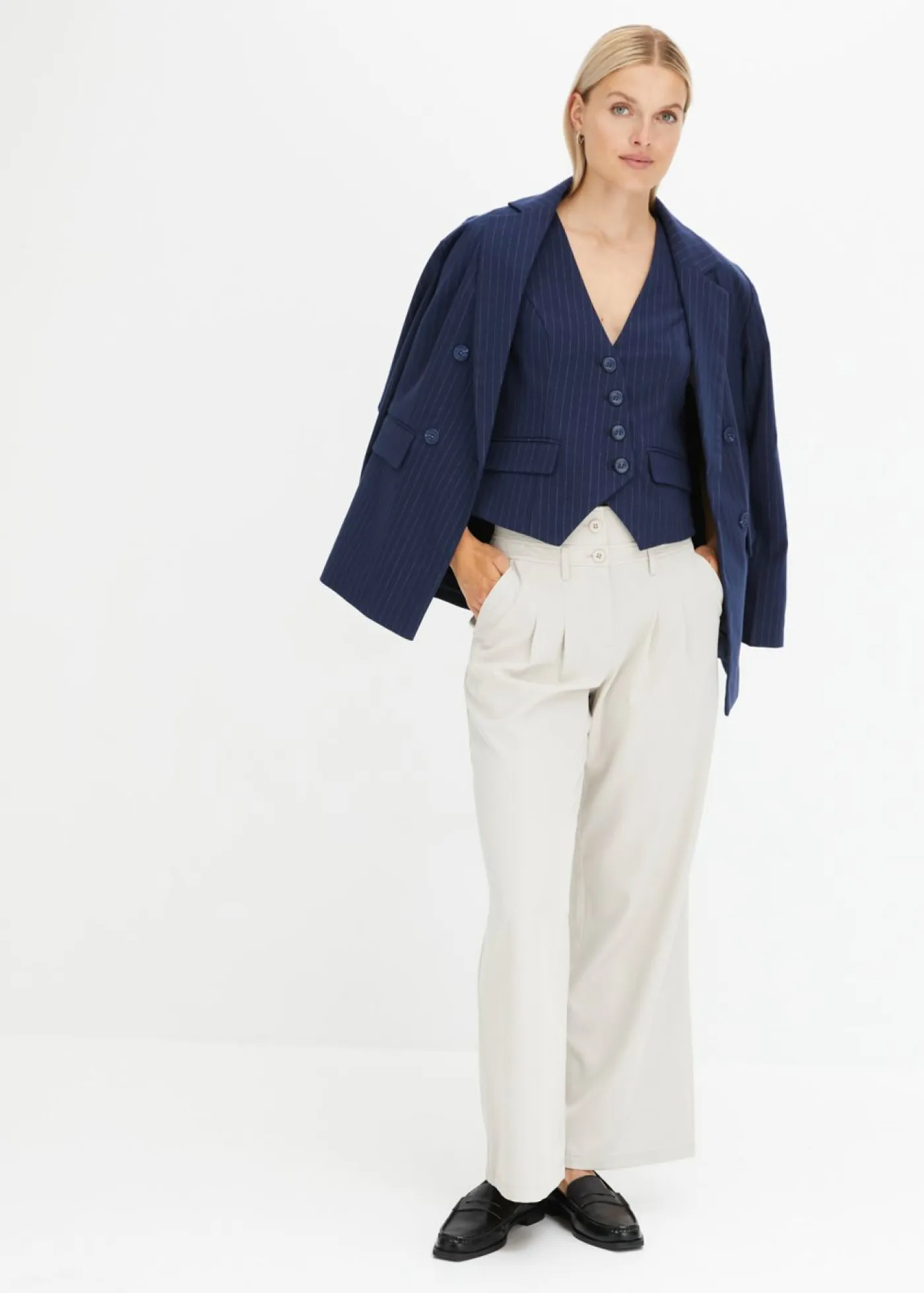 bonprix bonprix Chaquetas Y Abrigos>Chaleco de traje de mezcla de viscosa azul marino rayas verticales