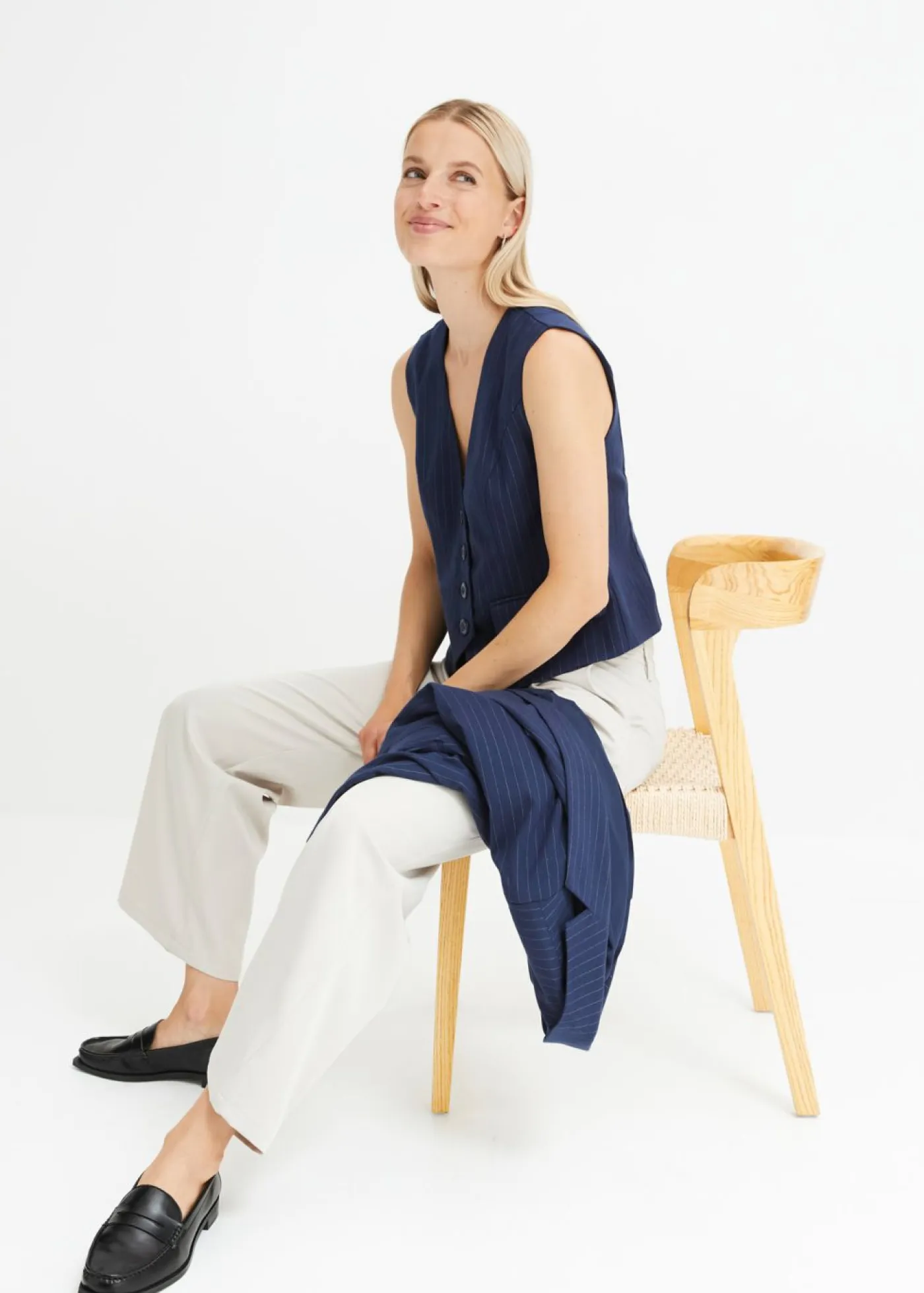 bonprix bonprix Chaquetas Y Abrigos>Chaleco de traje de mezcla de viscosa azul marino rayas verticales