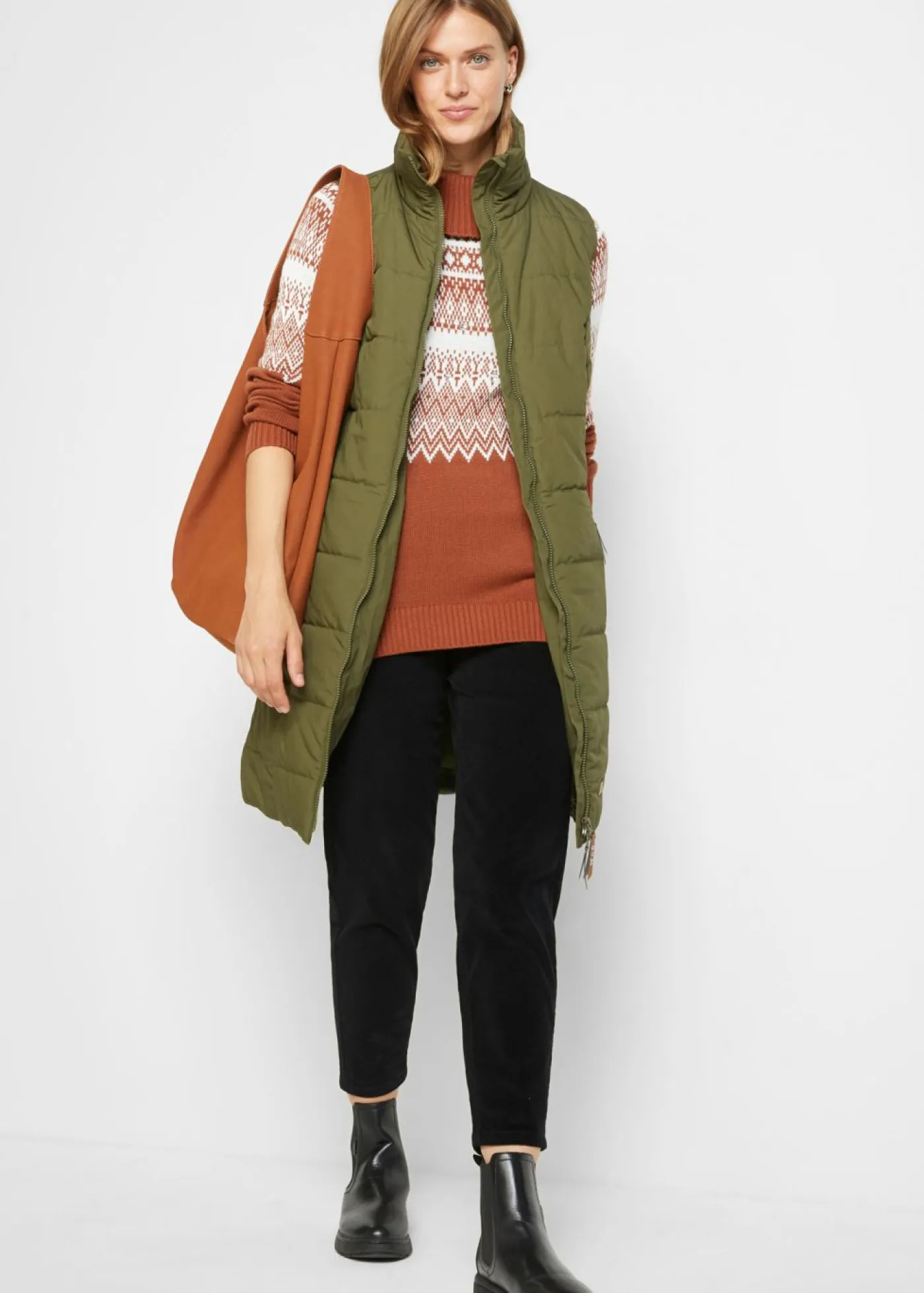 bonprix bonprix Chaquetas Y Abrigos>Chaleco largo con cuello alto Verde oliva oscuro