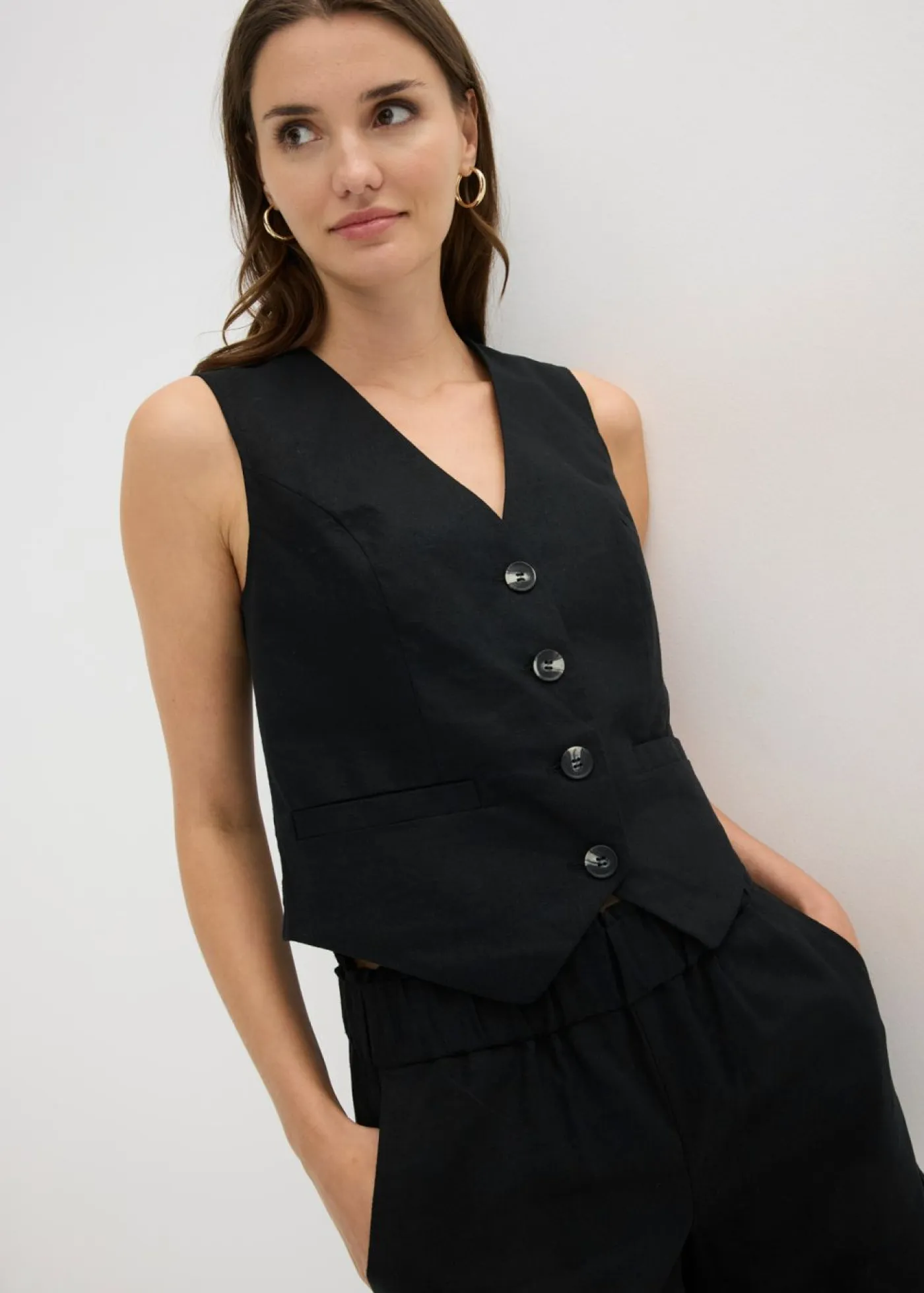 bonprix bonprix Blazers|Pantalones>Chaleco y pantalón corto de mezcla de lino Negro