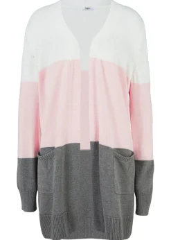 bonprix bonprix Jerséis|Ropa De Punto>Chaqueta ancha de punto con manga larga crema suave/gris moteado/rosa pálido rayas horizontales