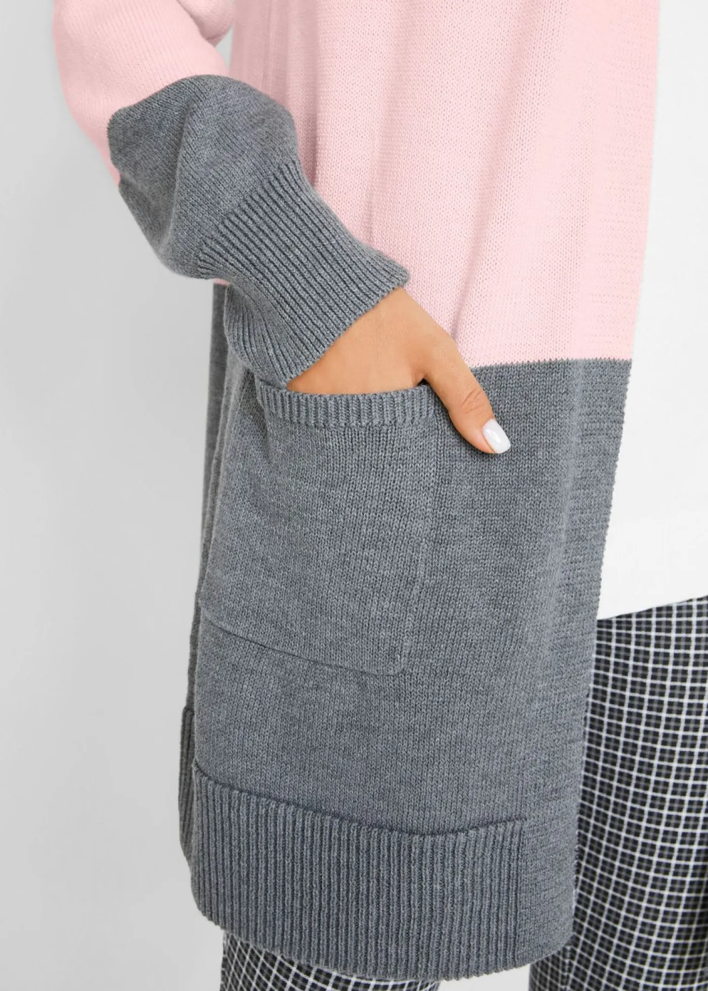 bonprix bonprix Jerséis|Ropa De Punto>Chaqueta ancha de punto con manga larga crema suave/gris moteado/rosa pálido rayas horizontales