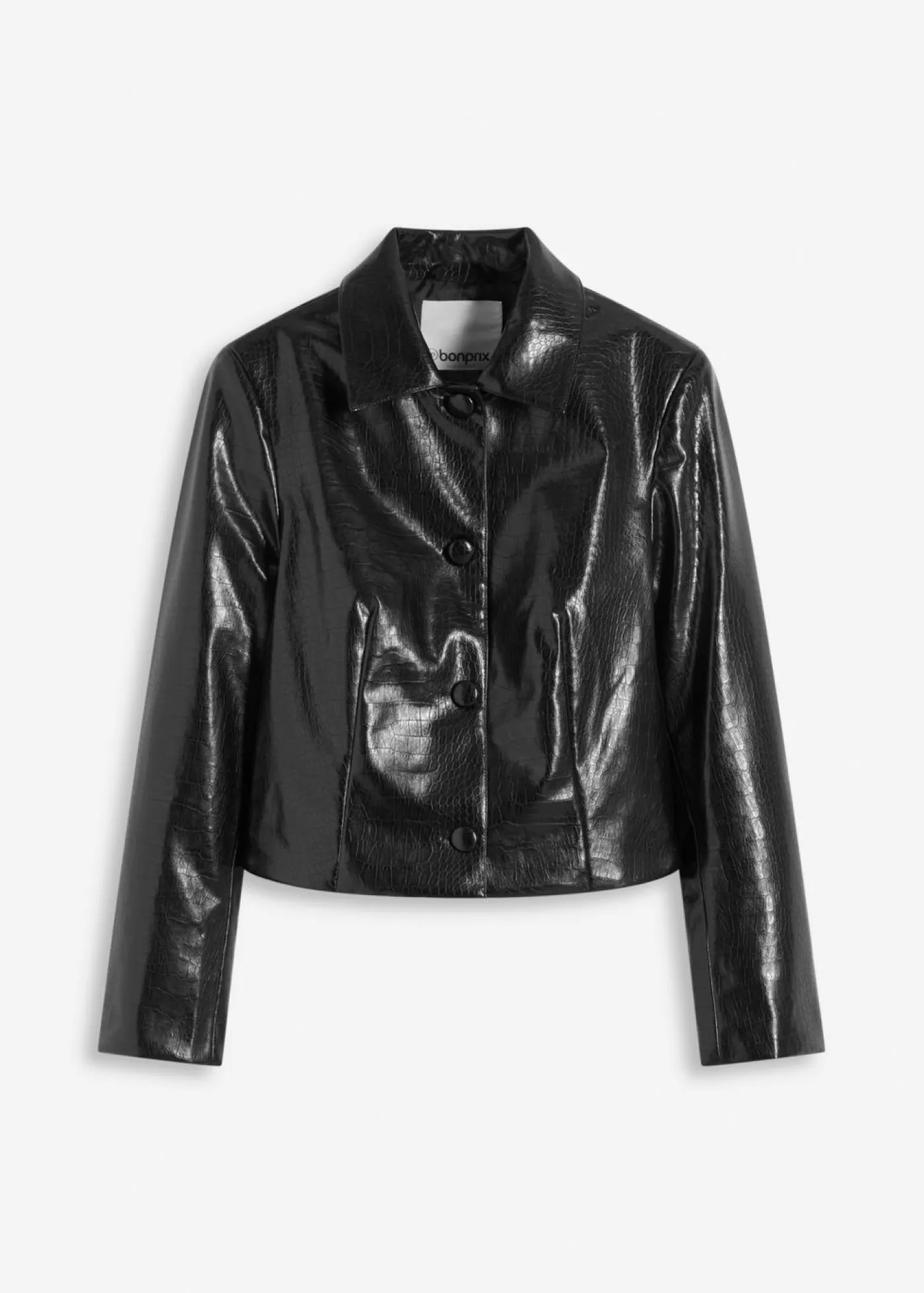 bonprix bonprix Chaquetas Y Abrigos>Chaqueta corta de piel sintética con acabado de cocodrilo brillante Negro