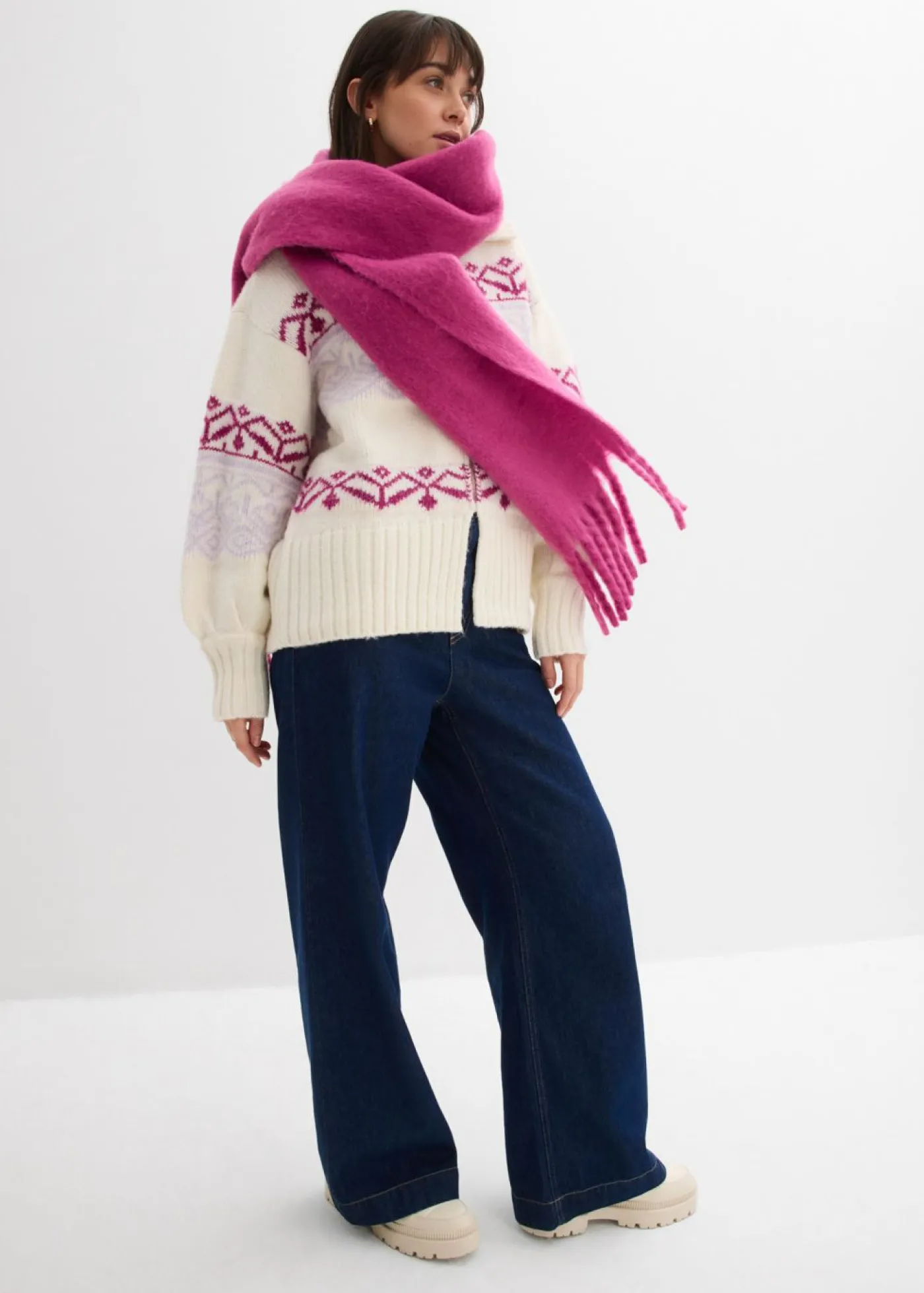 bonprix bonprix Jerséis>Chaqueta corta de punto con patrón nórdico blanco perla