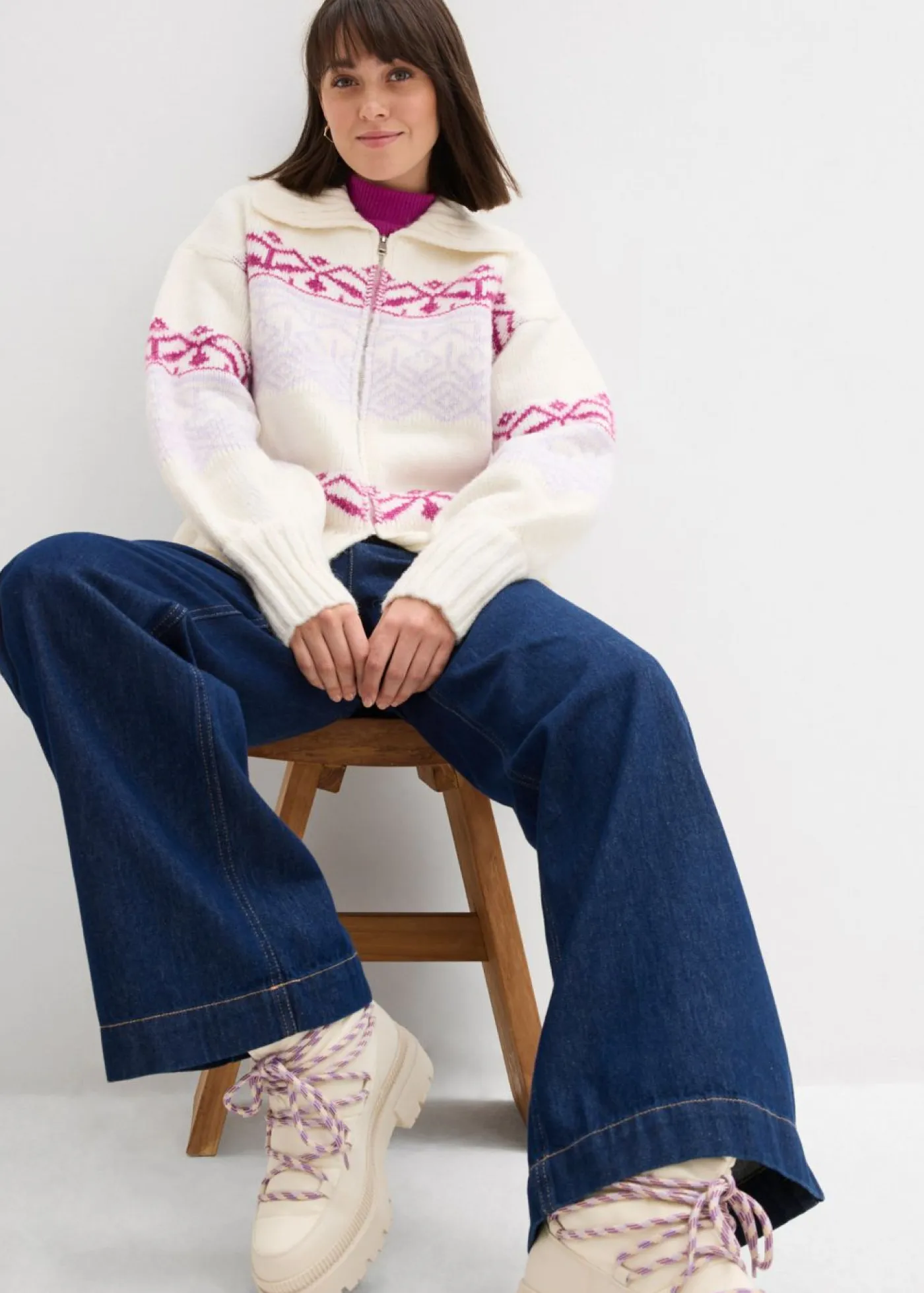 bonprix bonprix Jerséis>Chaqueta corta de punto con patrón nórdico blanco perla