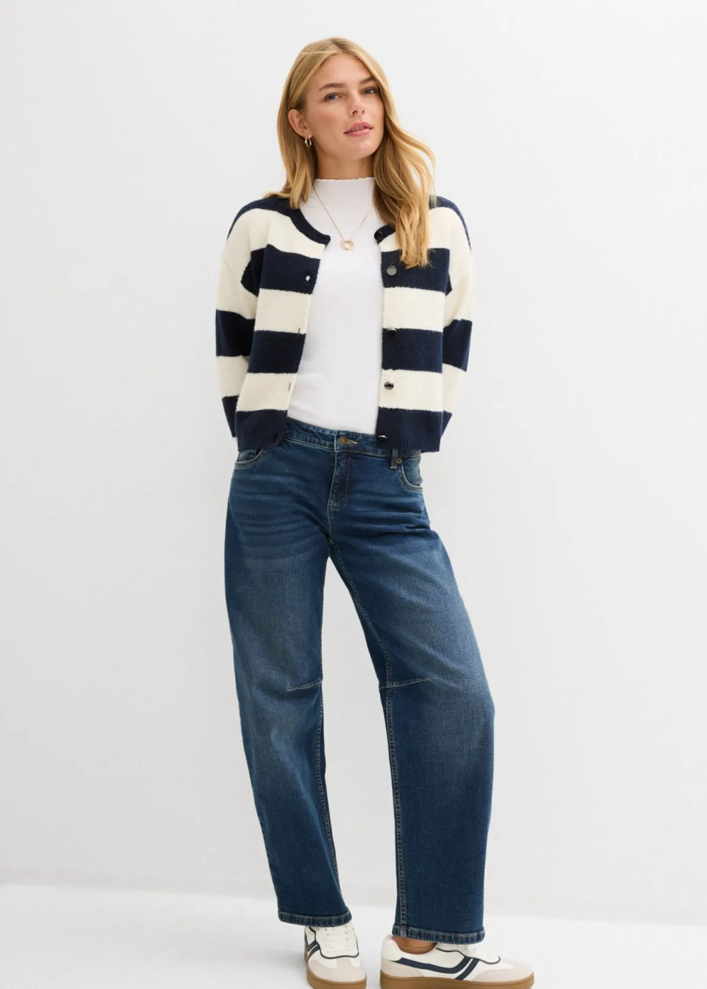 bonprix bonprix Jerséis|Ropa De Punto>Chaqueta corta de punto fino blanco lana-azul marino rayas horizontales