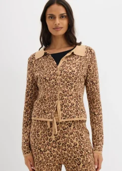 bonprix bonprix Jerséis|Ropa De Punto>Chaqueta corta de punto fino estampado leo marrón oscuro