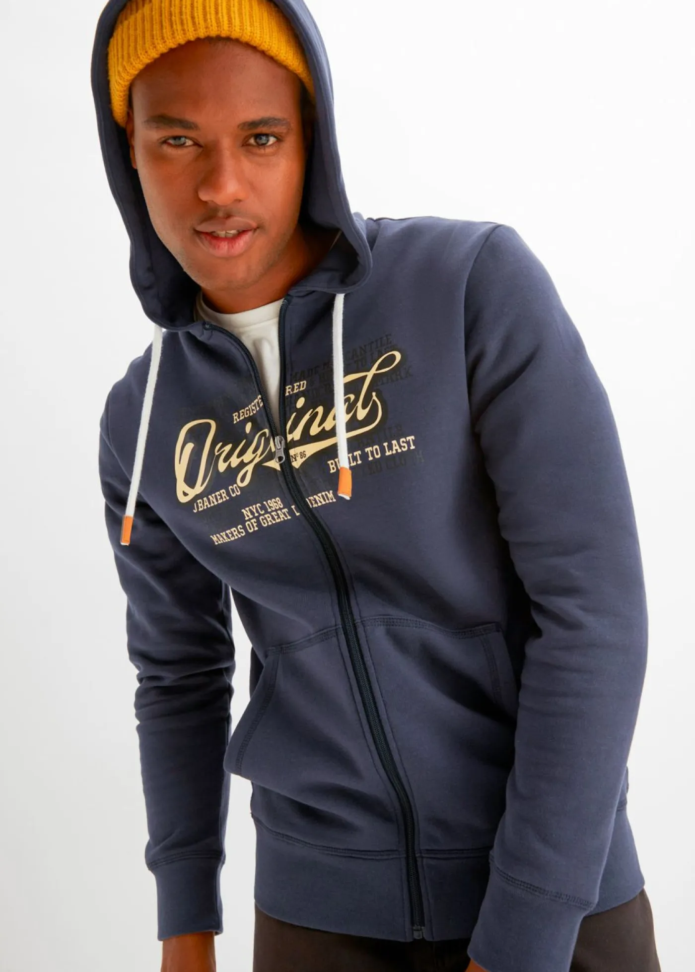 bonprix bonprix Chándals>Chaqueta de chándal con capucha y cepillado interior azul marino/amarillo crema/negro