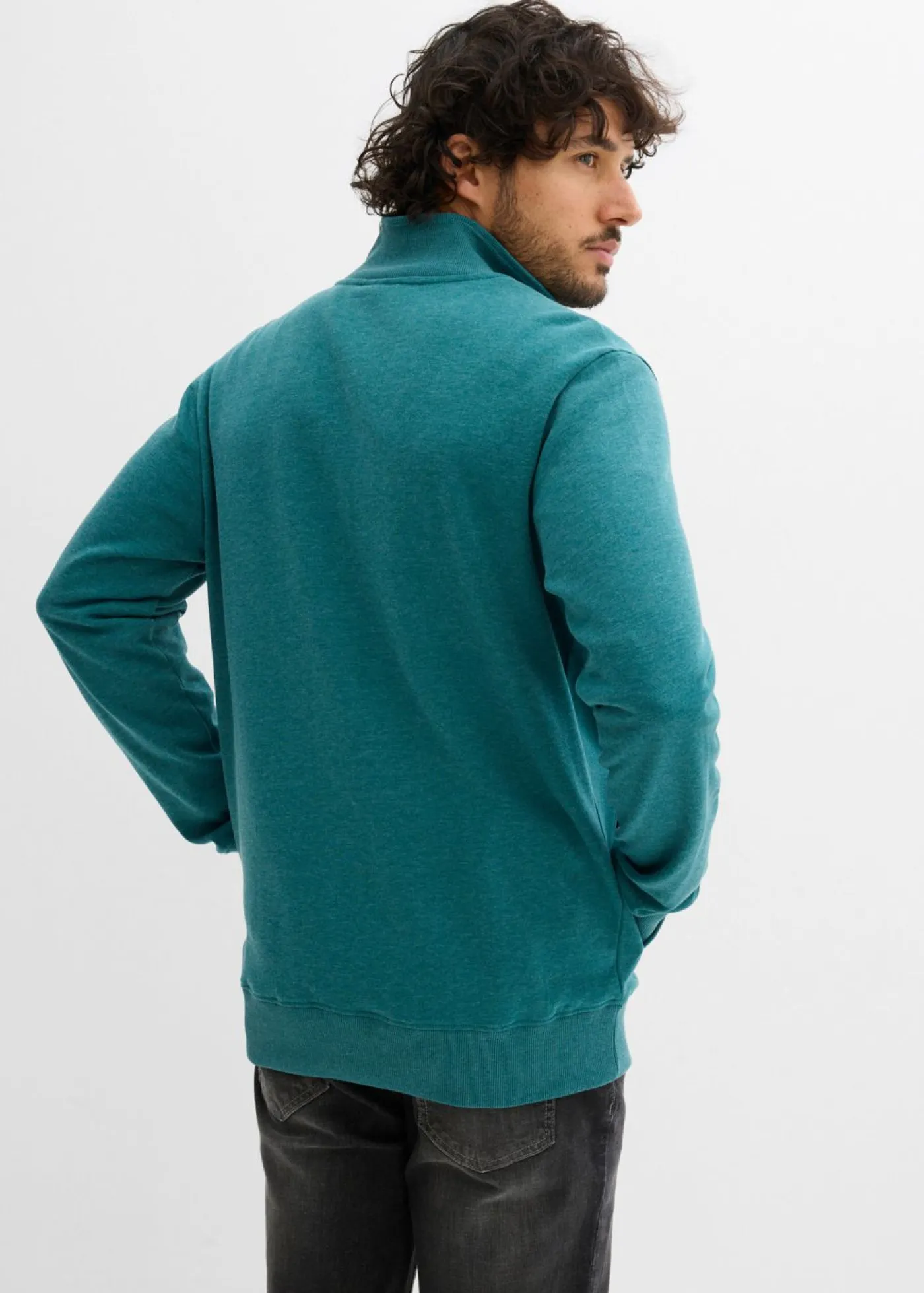 bonprix bonprix Chándals>Chaqueta de chándal con cuello alto con detalles de piel sintética azul petróleo moteado