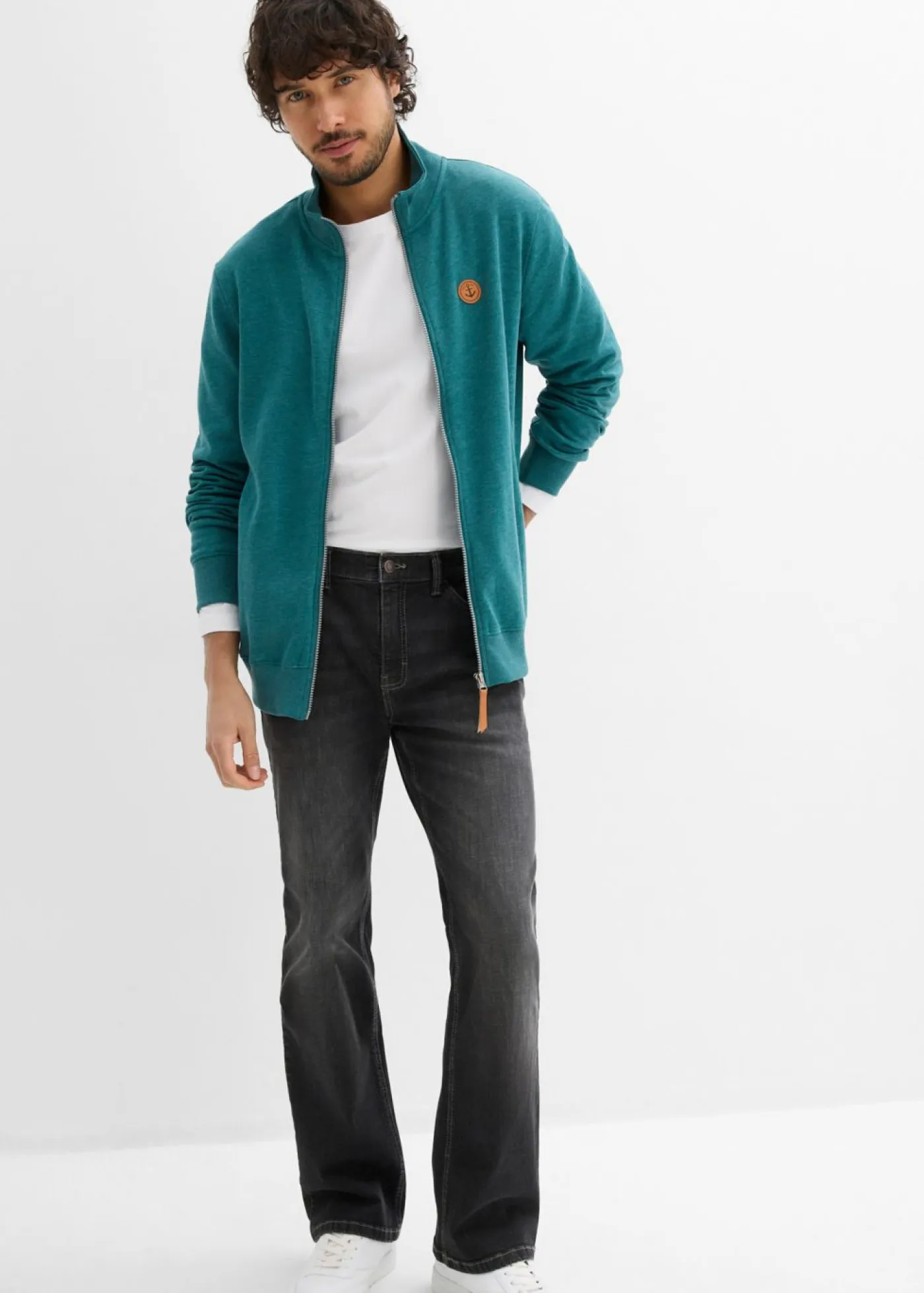 bonprix bonprix Chándals>Chaqueta de chándal con cuello alto con detalles de piel sintética azul petróleo moteado