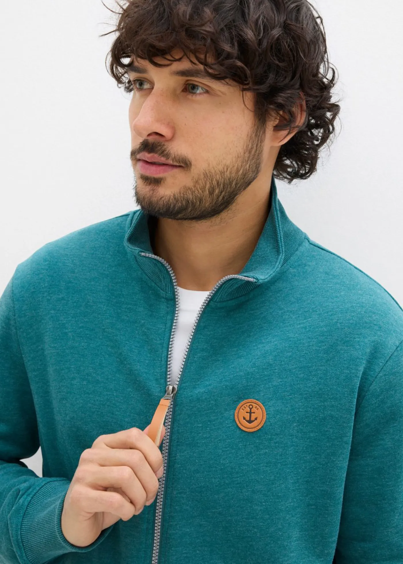 bonprix bonprix Chándals>Chaqueta de chándal con cuello alto con detalles de piel sintética azul petróleo moteado