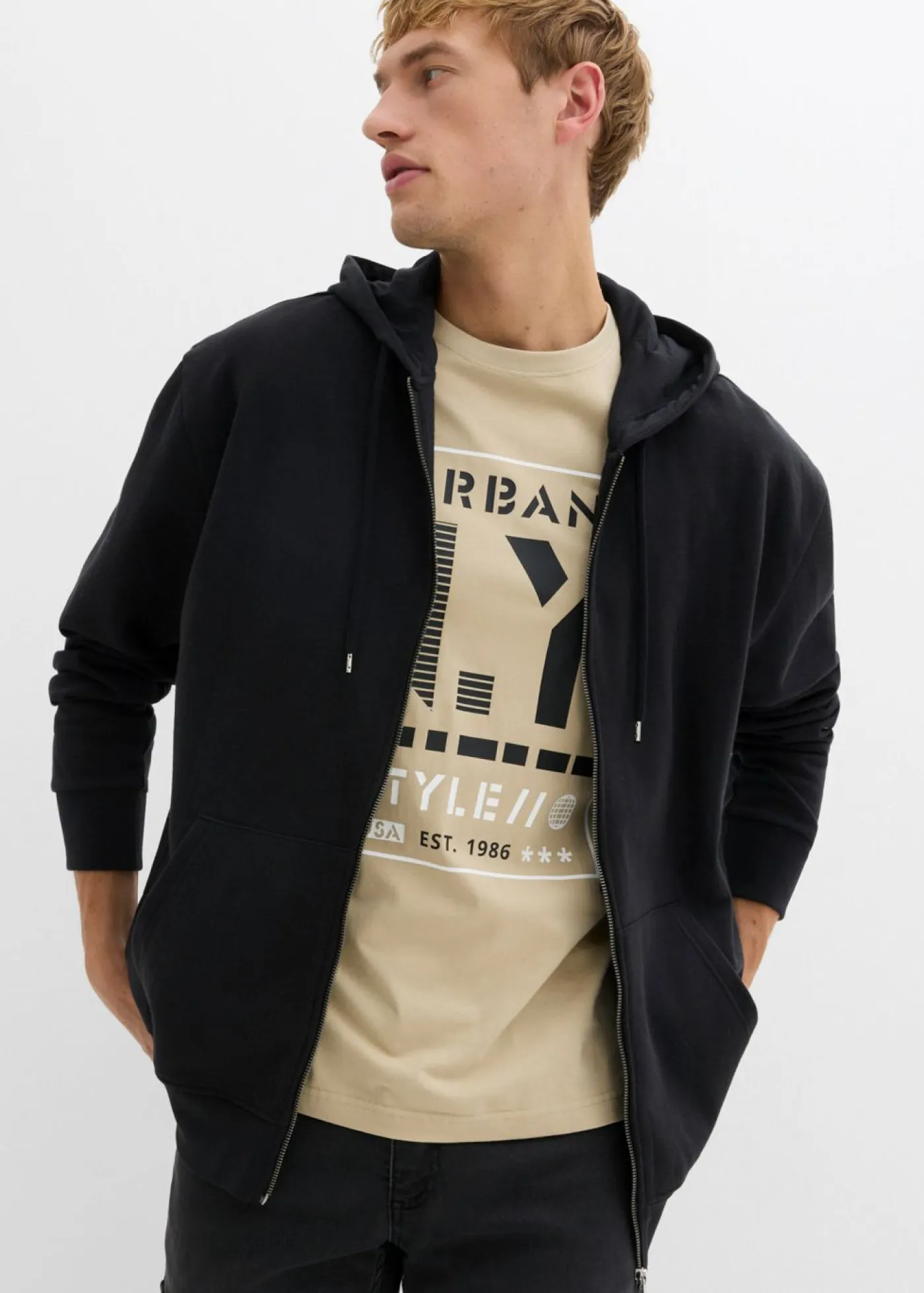 bonprix bonprix Ropa Deportiva|Chándals>Chaqueta de chándal de algodón puro con capucha y corte holgado Negro