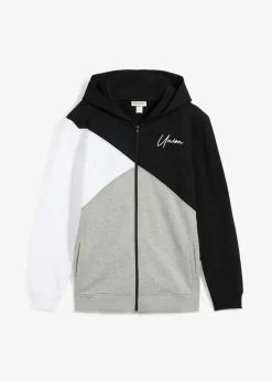 bonprix bonprix Ropa 9 A 16 Años·Sudaderas Y Jerséis>Chaqueta de chándal de algodón orgánico puro con capucha y corte holgado Negro-blanco-gris claro jaspeado