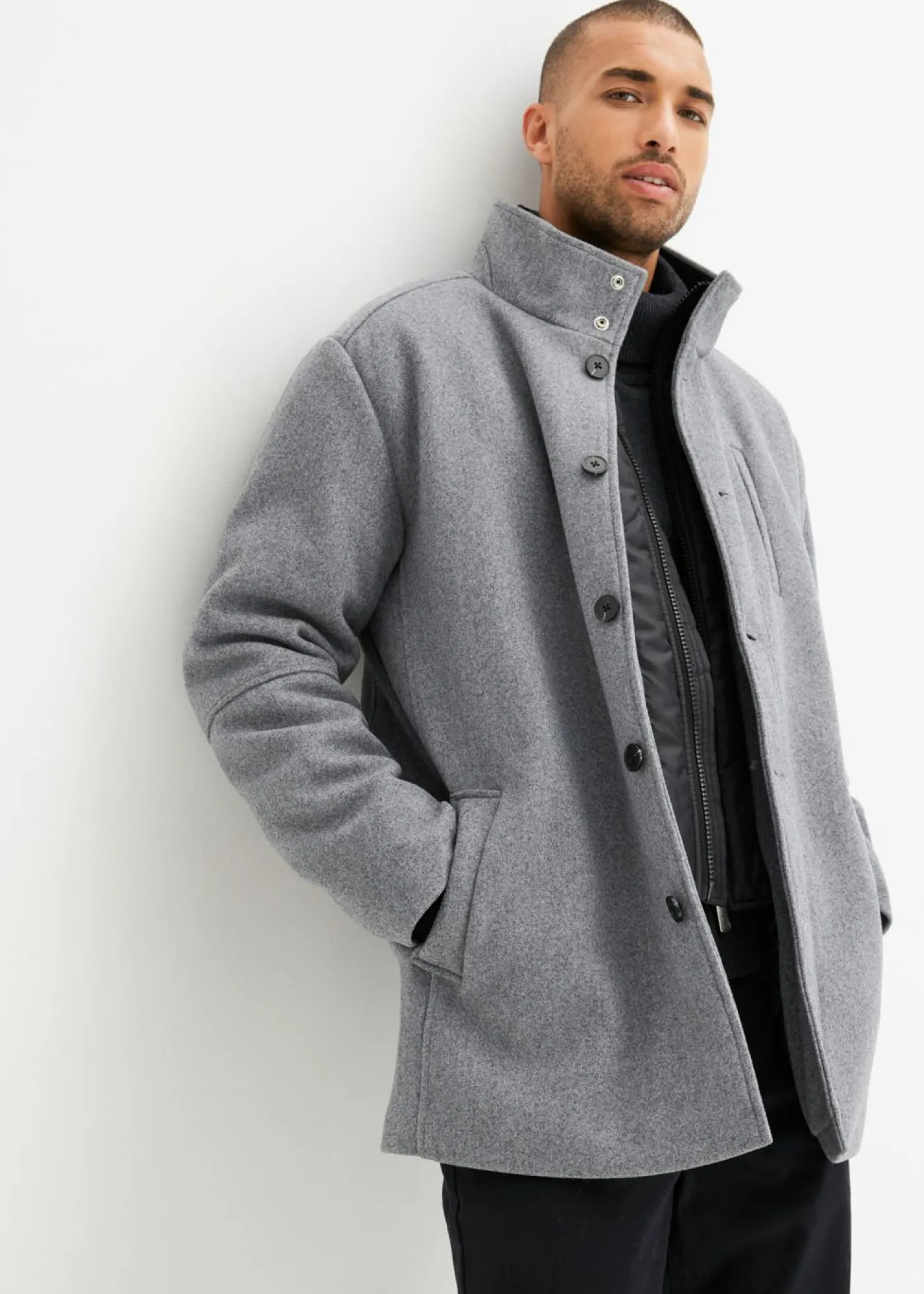 bonprix bpc selection Chaquetas Y Abrigos·Chaquetas|Outdoor>Chaqueta de invierno con cortavientos en aspecto de lana gris oscuro moteado