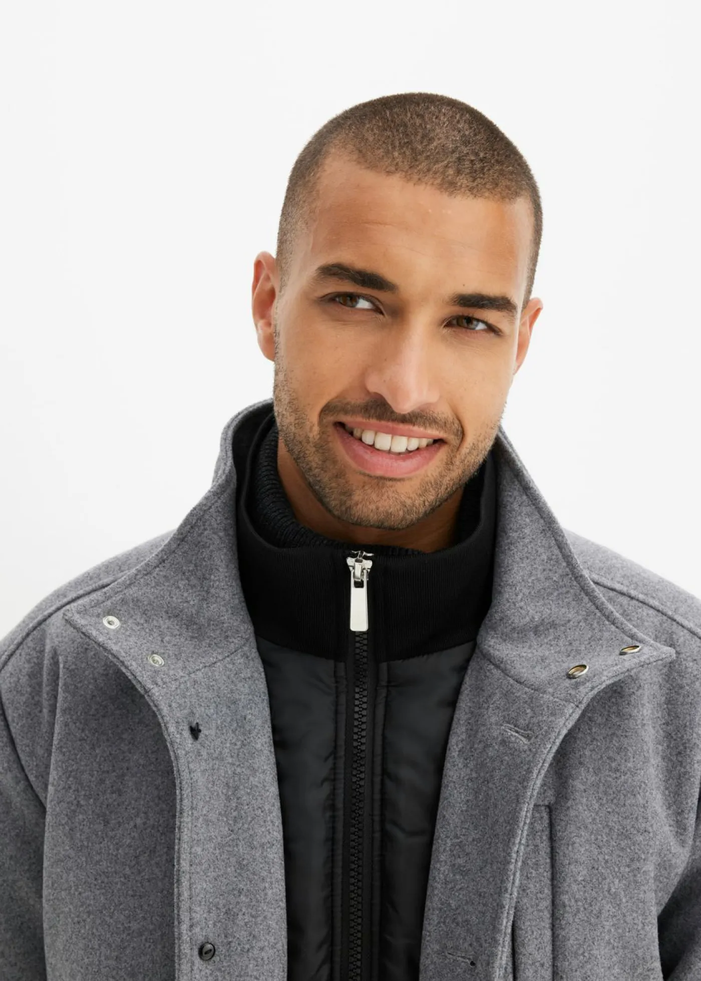 bonprix bpc selection Chaquetas Y Abrigos·Chaquetas|Outdoor>Chaqueta de invierno con cortavientos en aspecto de lana gris oscuro moteado