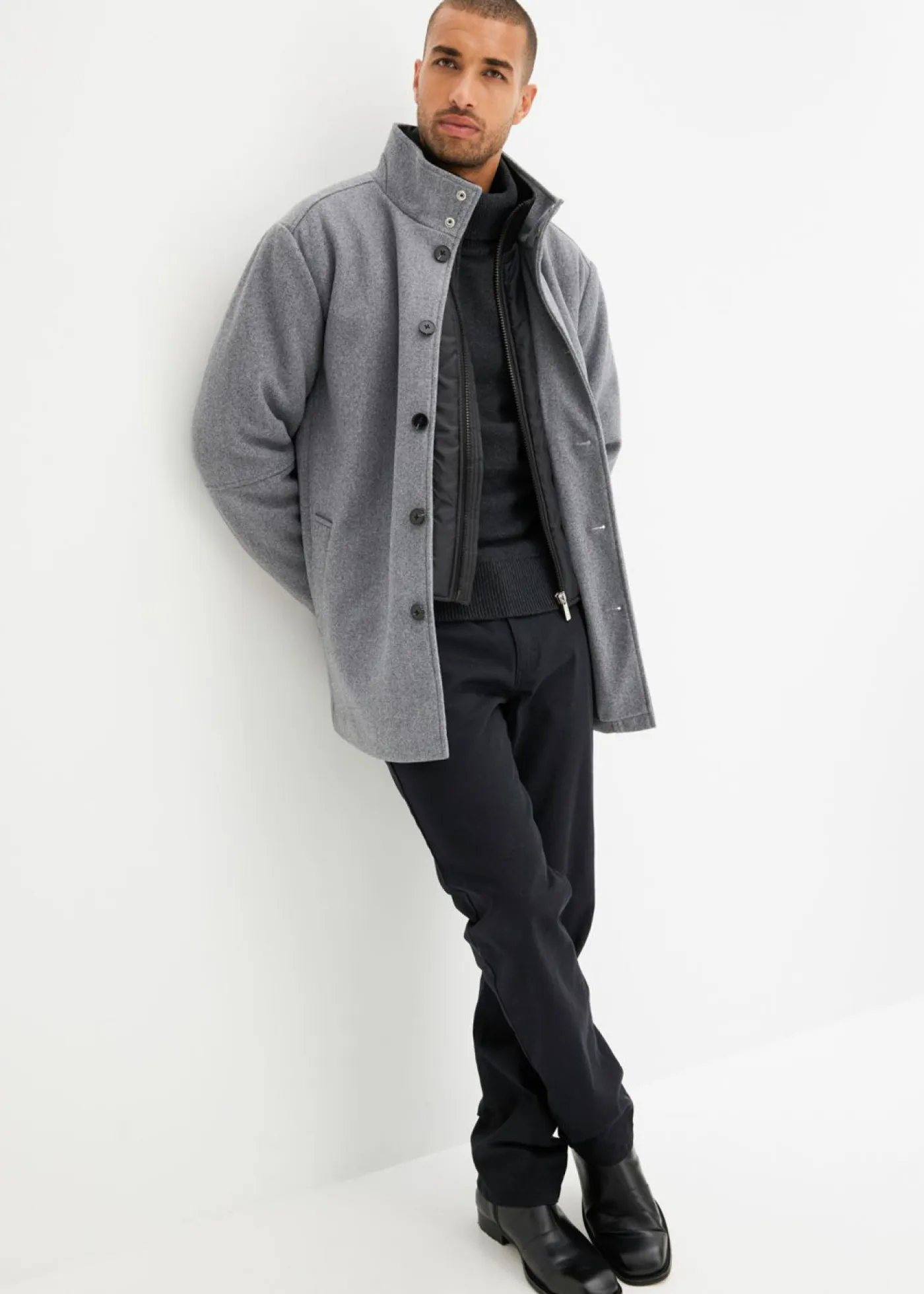 bonprix bpc selection Chaquetas Y Abrigos·Chaquetas|Outdoor>Chaqueta de invierno con cortavientos en aspecto de lana gris oscuro moteado