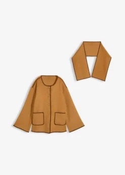 Mujer bonprix bonprix Chaqueta de lana con bordado decorativo (conjunto de 2 piezas con bufanda)