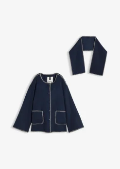 Mujer bonprix bonprix Chaqueta de lana con bordado decorativo (conjunto de 2 piezas con bufanda)