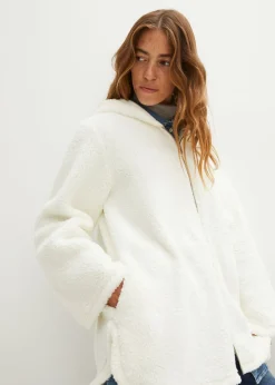 bonprix bonprix Ropa Cómoda|Chaquetas Y Abrigos>Chaqueta de peluche, corte en A, con aberturas laterales Blanco lana