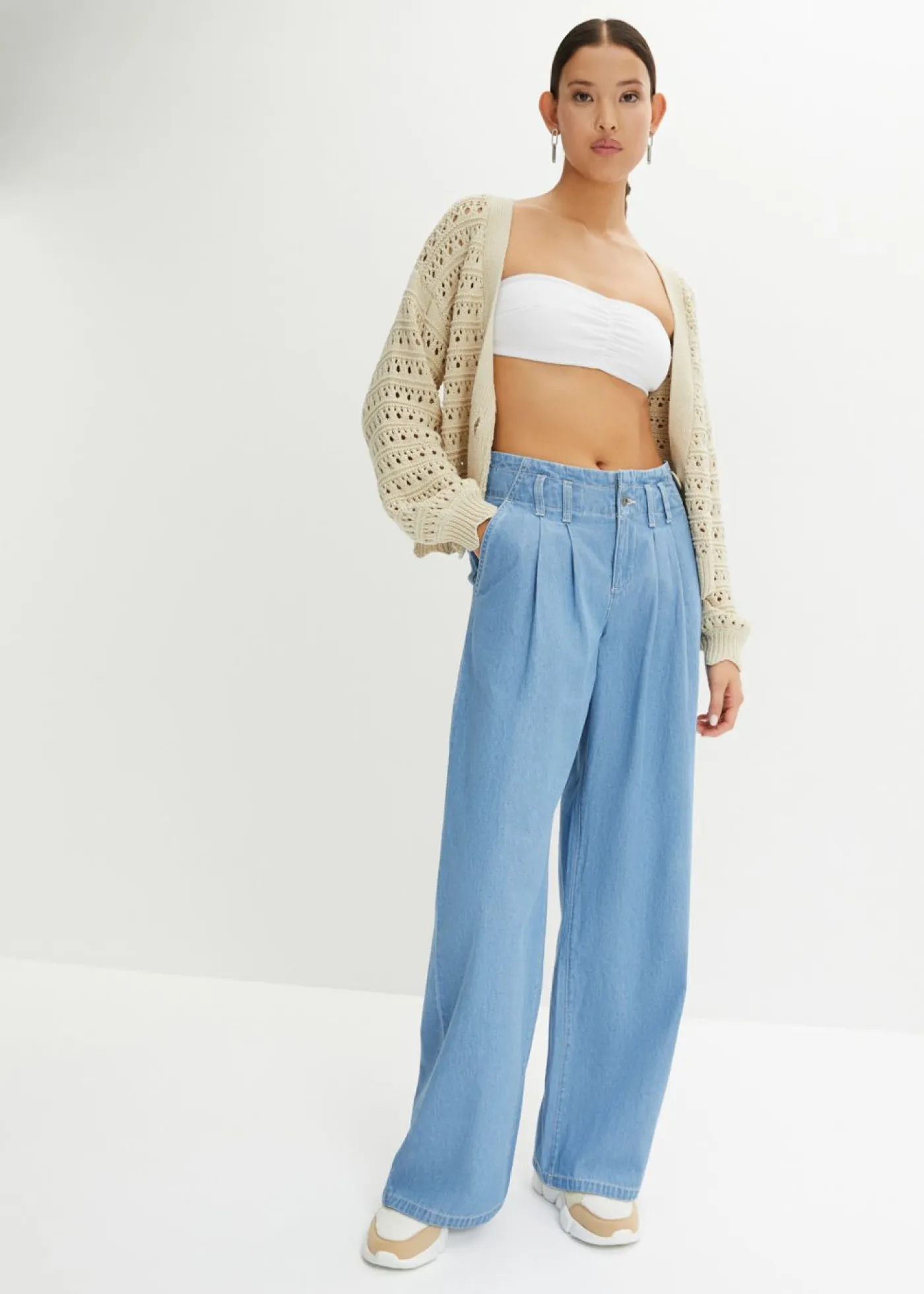 bonprix bonprix Jerséis|Ropa De Punto>Chaqueta de punto ajour de algodón puro gris guijarro