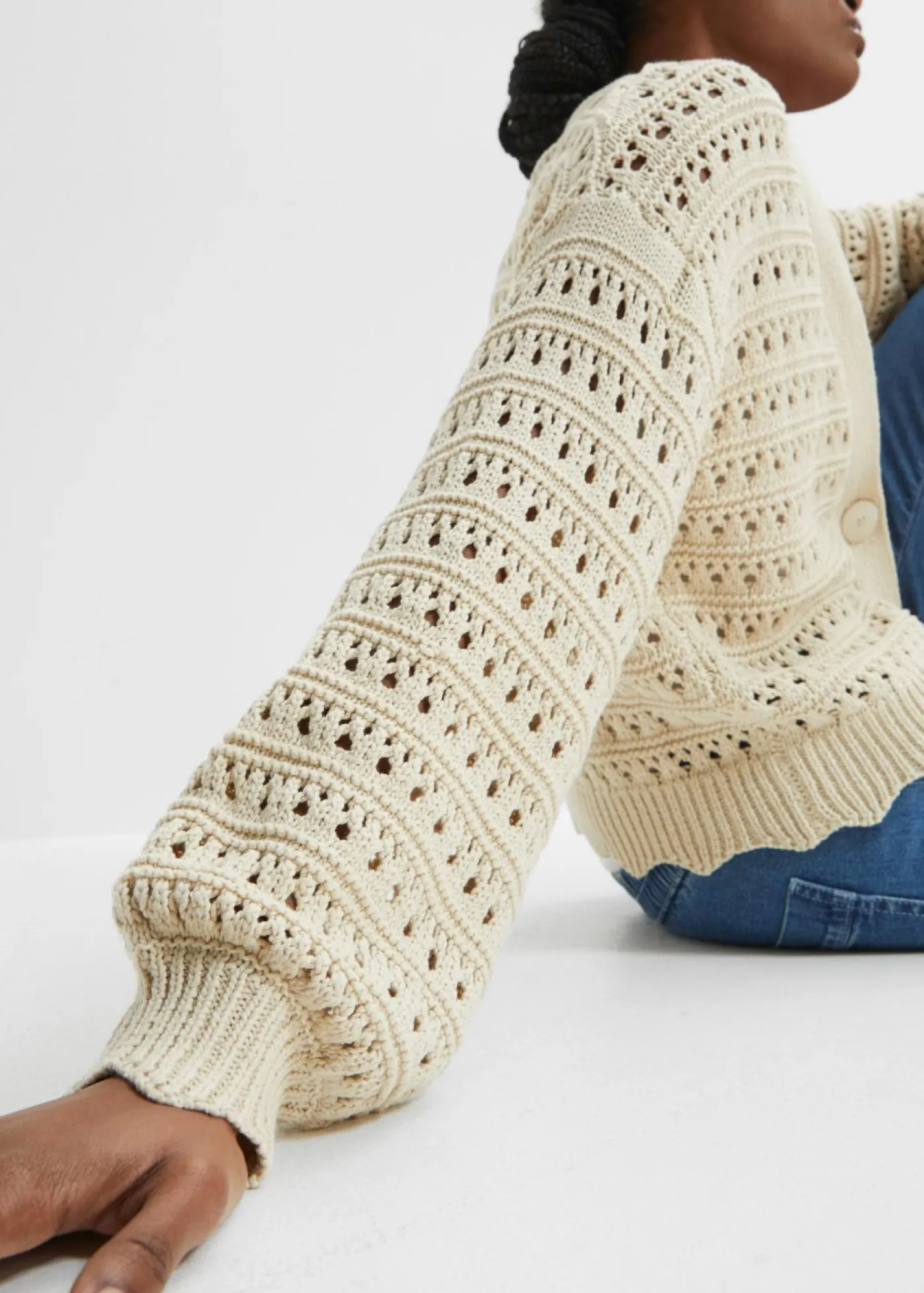 bonprix bonprix Jerséis|Ropa De Punto>Chaqueta de punto ajour de algodón puro gris guijarro