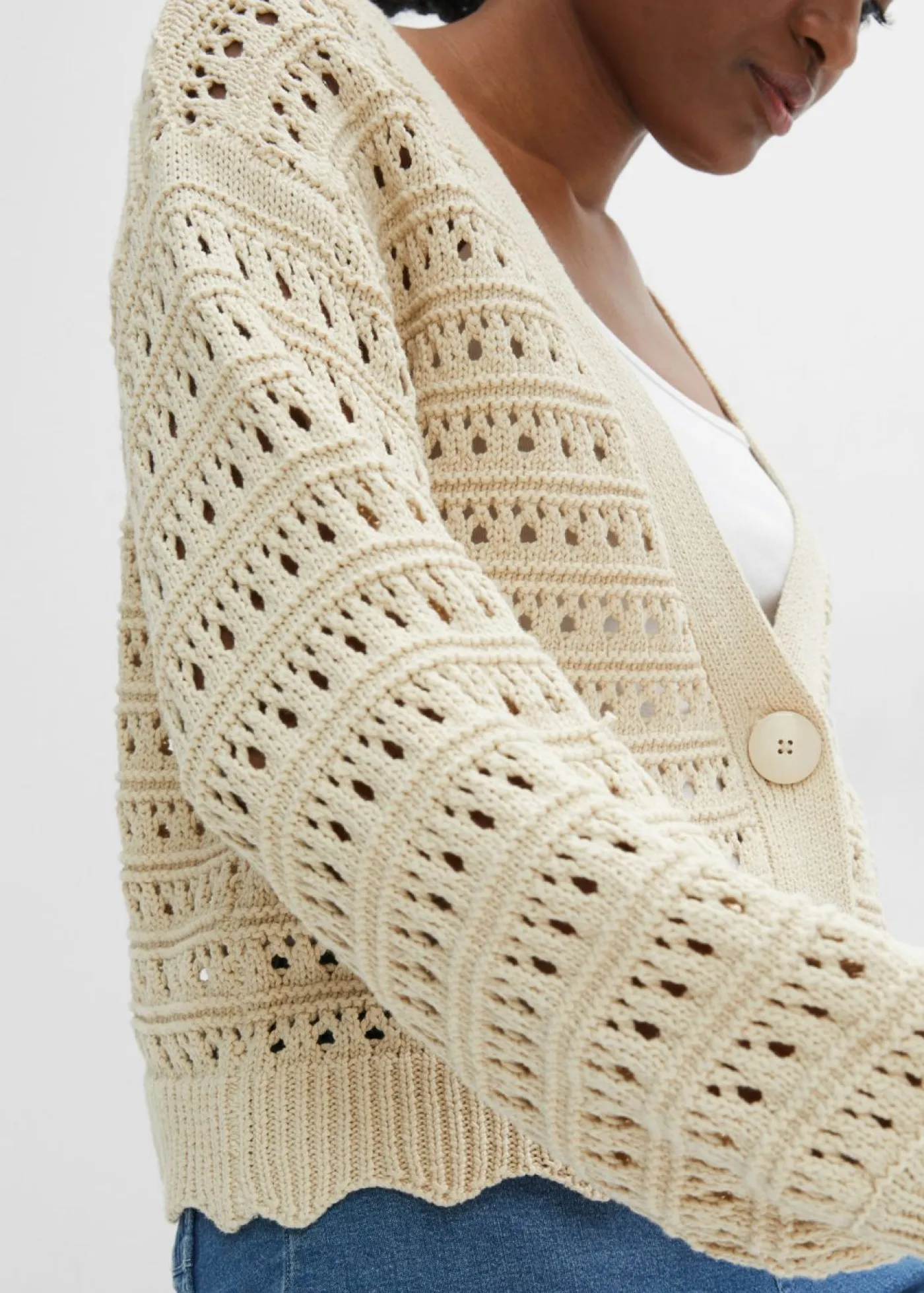 bonprix bonprix Jerséis|Ropa De Punto>Chaqueta de punto ajour de algodón puro gris guijarro