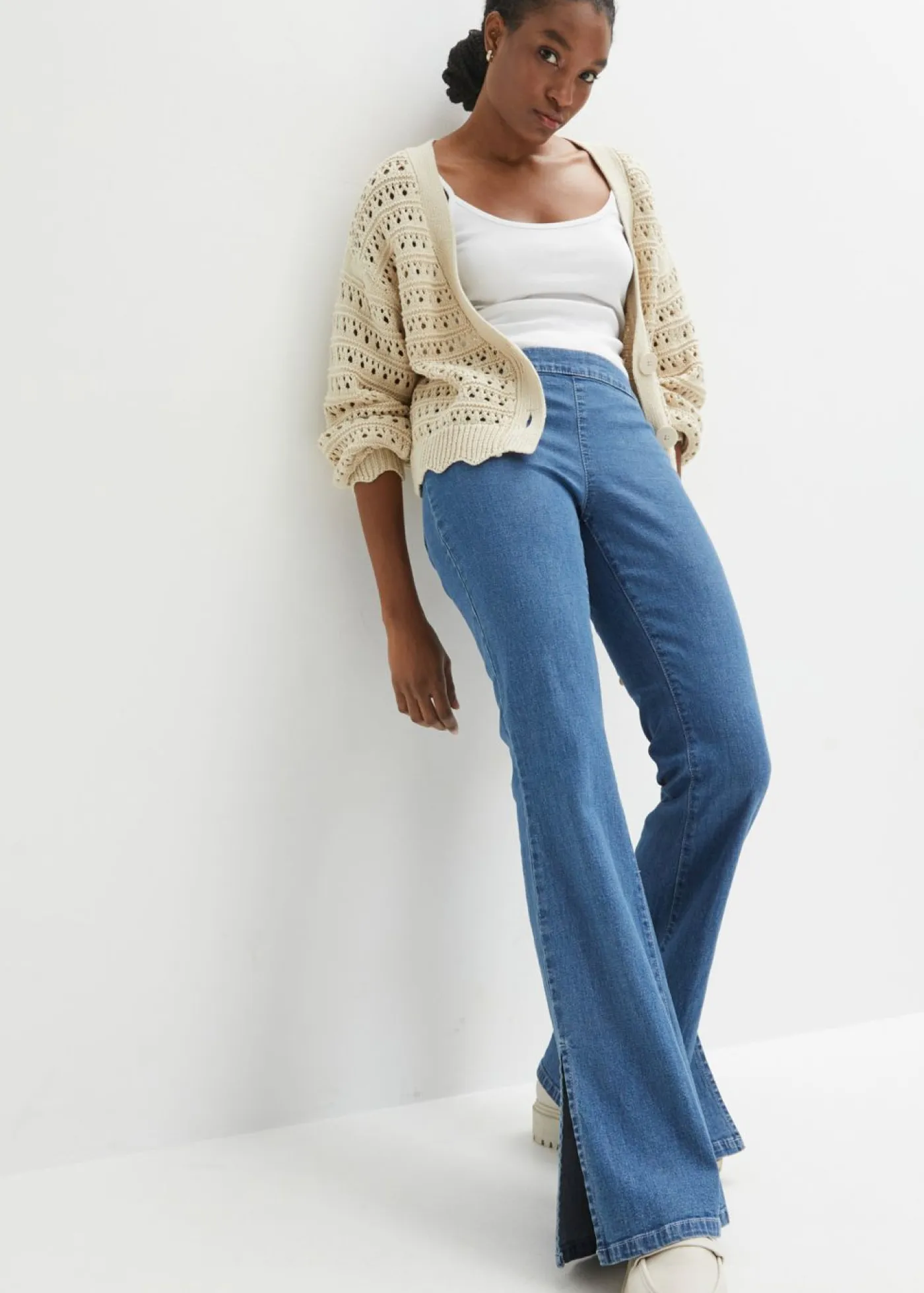 bonprix bonprix Jerséis|Ropa De Punto>Chaqueta de punto ajour de algodón puro gris guijarro