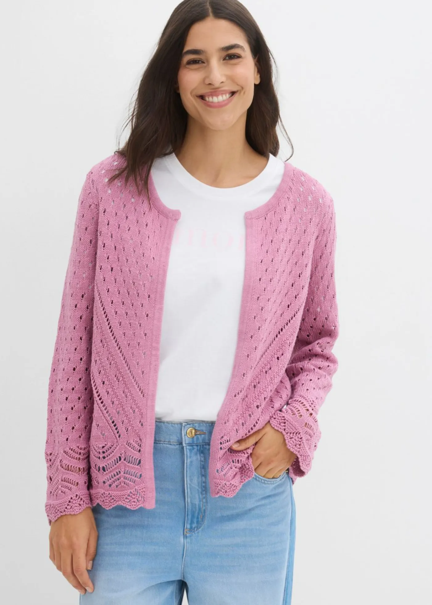bonprix bonprix Jerséis|Novedades>Chaqueta de punto ajour de algodón puro Malva