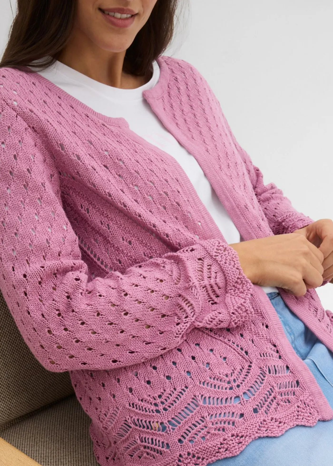 bonprix bonprix Jerséis|Novedades>Chaqueta de punto ajour de algodón puro Malva