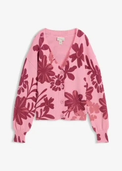 bonprix bonprix Jerséis|Ropa De Punto>Chaqueta de punto con estampado de flores orquídea ahumado-rojo rubí