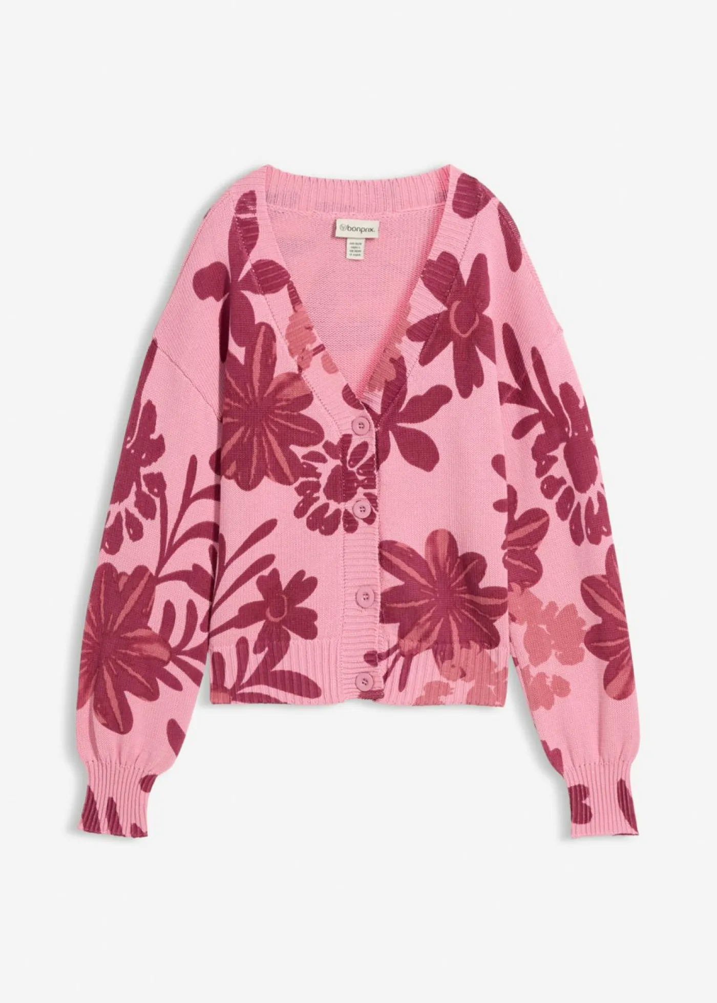 bonprix bonprix Jerséis|Ropa De Punto>Chaqueta de punto con estampado de flores orquídea ahumado-rojo rubí