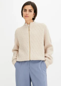 bonprix bonprix Jerséis|Ropa De Punto>Chaqueta de punto con patrón trenzado Beige jaspeado