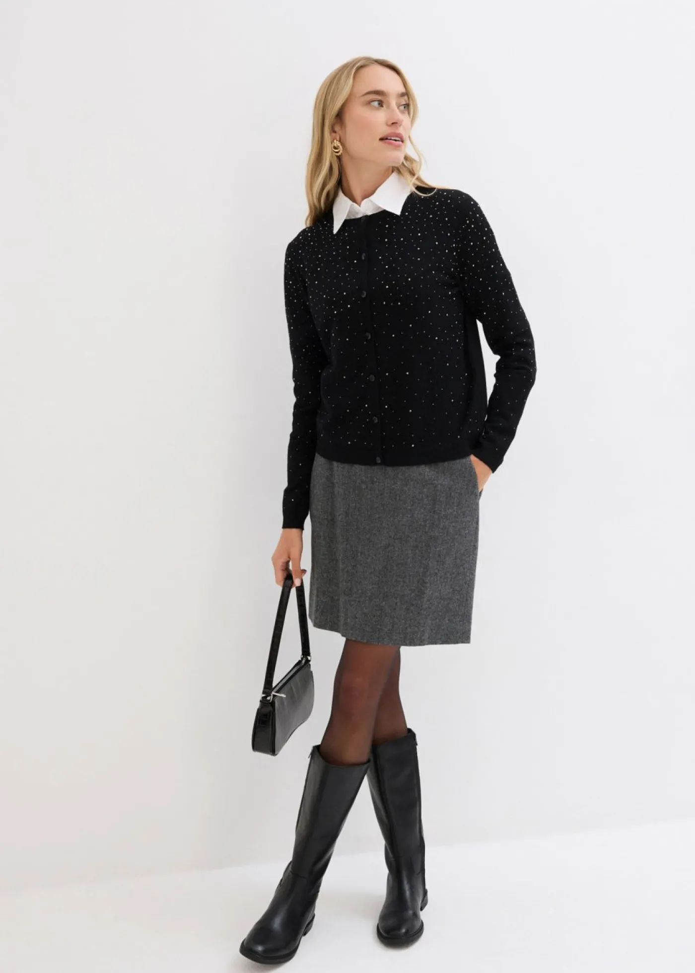 bonprix bonprix Jerséis|Ropa De Punto>Chaqueta de punto con piedras brillantes Negro